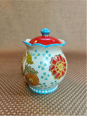 Vintage Dutch Wax Ceramic Sugar Bowl White Red Floral